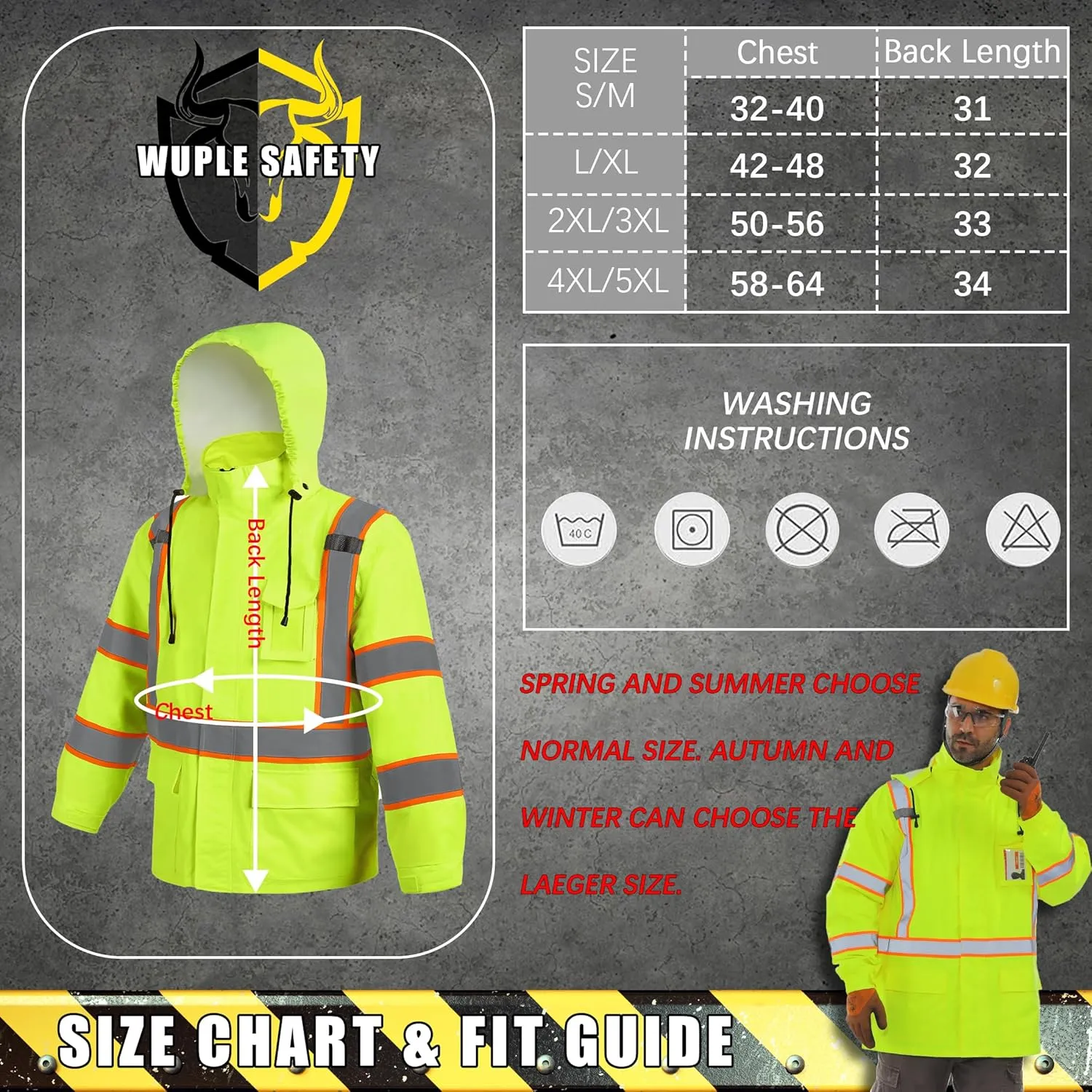 Men's Hi Vis Rain Jacket & Safety Rain Coat Waterproof Lightweight with Hood, Class 3 Reflective Adult Yellow Work Rain Jacket (2XL/3XL)