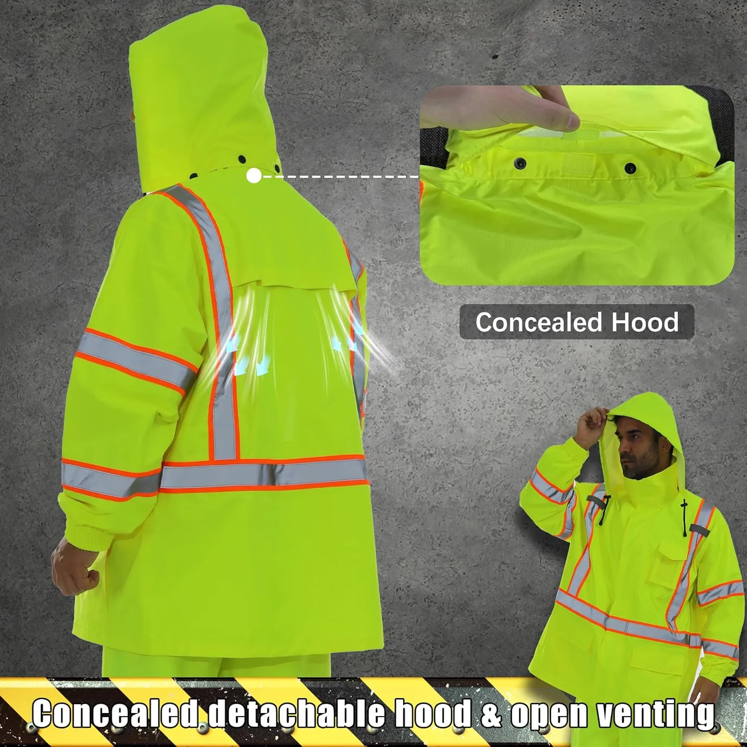 Men's Hi Vis Rain Jacket & Safety Rain Coat Waterproof Lightweight with Hood, Class 3 Reflective Adult Yellow Work Rain Jacket (2XL/3XL)