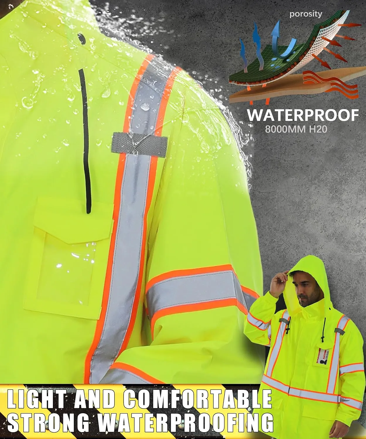Men's Hi Vis Rain Jacket & Safety Rain Coat Waterproof Lightweight with Hood, Class 3 Reflective Adult Yellow Work Rain Jacket (2XL/3XL)