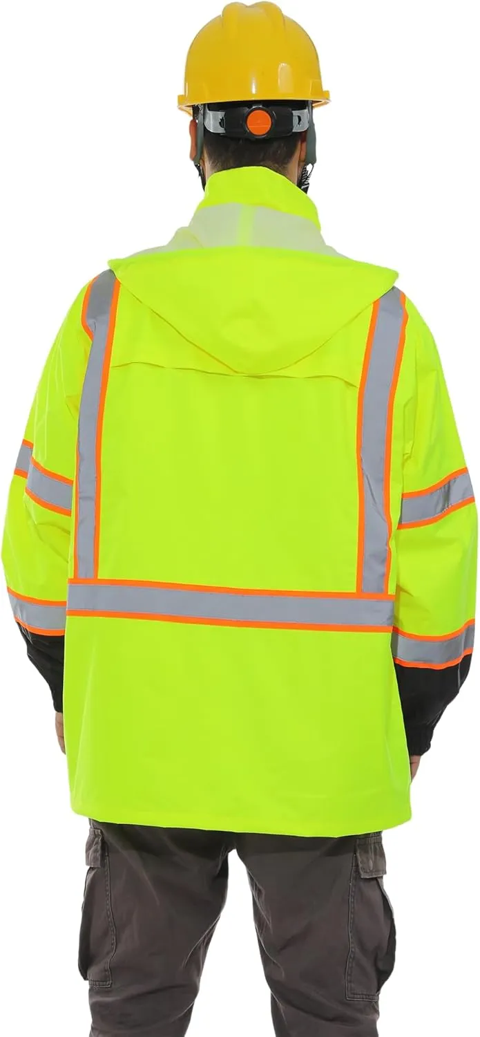 Men's Hi Vis Rain Jacket & Safety Rain Coat Waterproof Lightweight with Hood, Class 3 Reflective Adult Yellow Work Rain Jacket (L/XL)