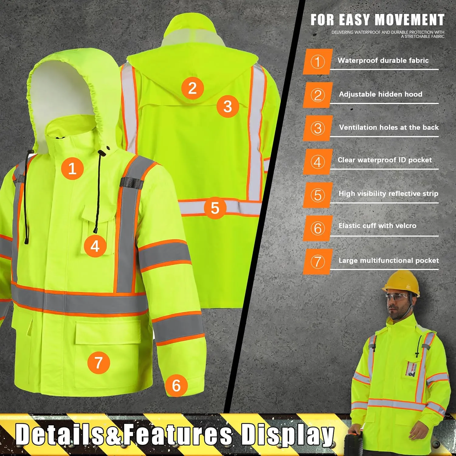 Men's Hi Vis Rain Jacket & Safety Rain Coat Waterproof Lightweight with Hood, Class 3 Reflective Adult Yellow Work Rain Jacket (S/M)