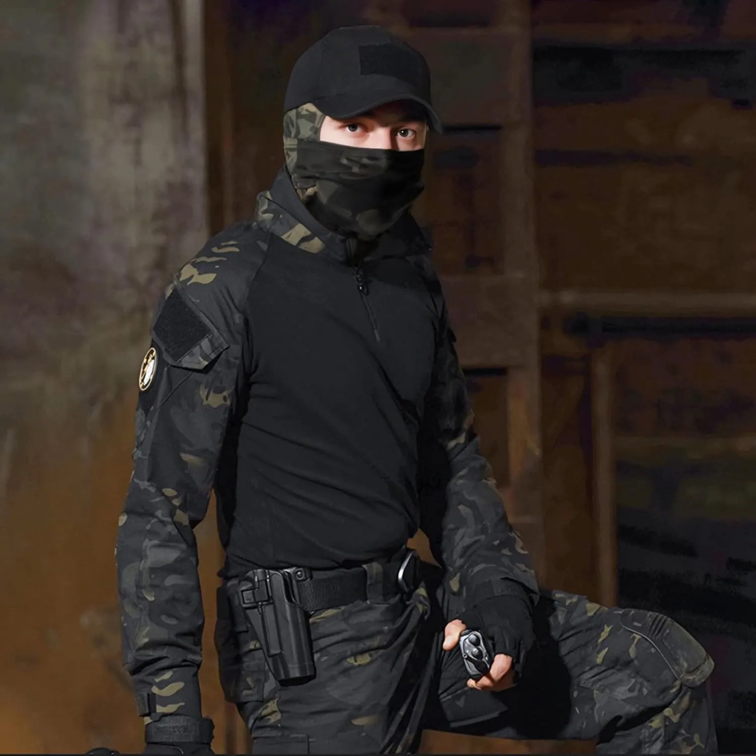 Mens Tactical Camo Shirt,Long Sleeve Combat Shirt,Cap Gloves Balaclava and 1/4 Zip Military Top Airsoft Gear