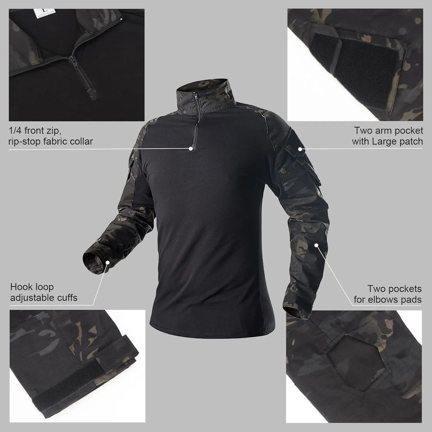 Mens Tactical Camo Shirt,Long Sleeve Combat Shirt,Cap Gloves Balaclava and 1/4 Zip Military Top Airsoft Gear
