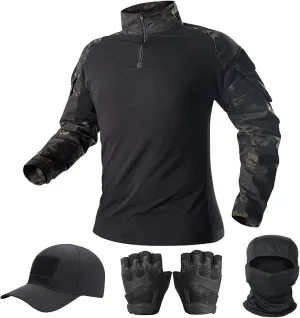 Mens Tactical Camo Shirt,Long Sleeve Combat Shirt,Cap Gloves Balaclava and 1/4 Zip Military Top Airsoft Gear