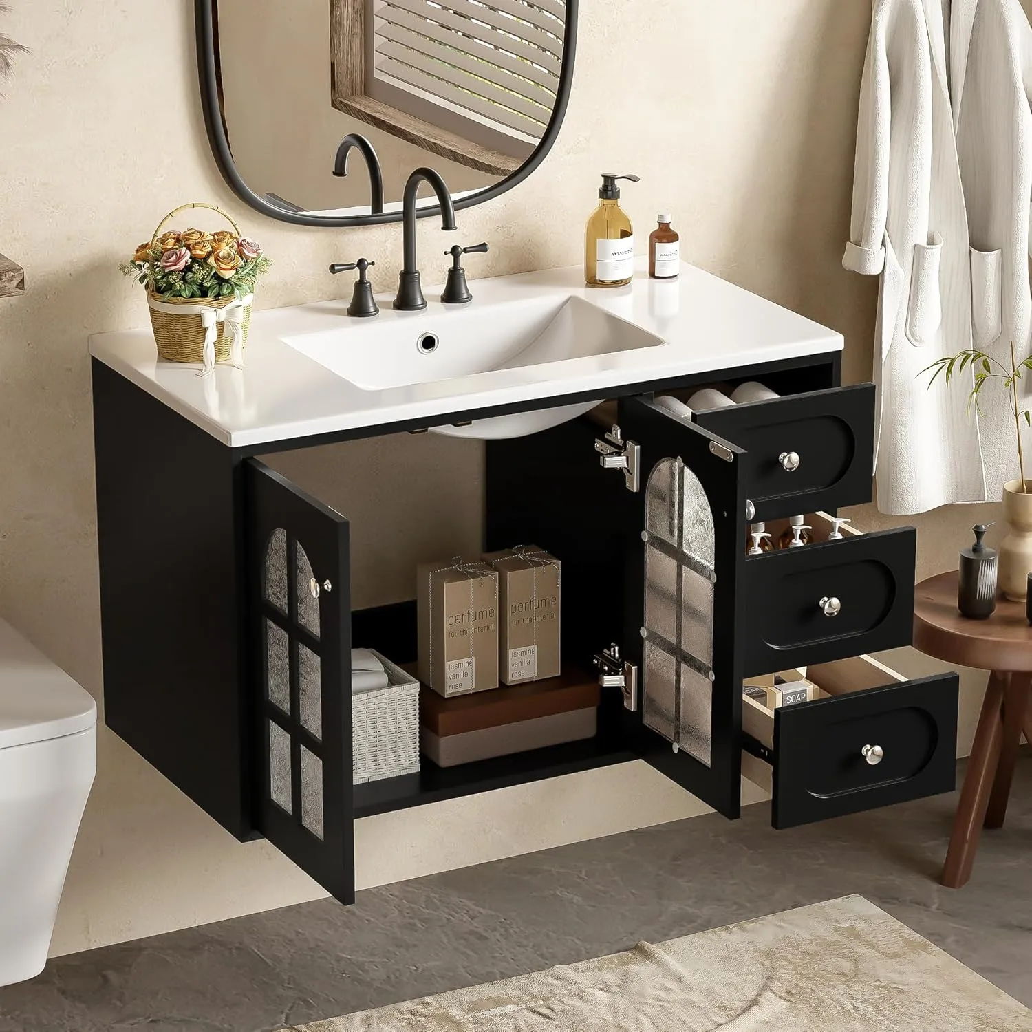 Merax 36 Inch Floating Bathroom Vanity with Ceramic Sink, Wall Mounted Bathroom Cabinet with 3 Drawers & Soft-Close System Cabinet, Black