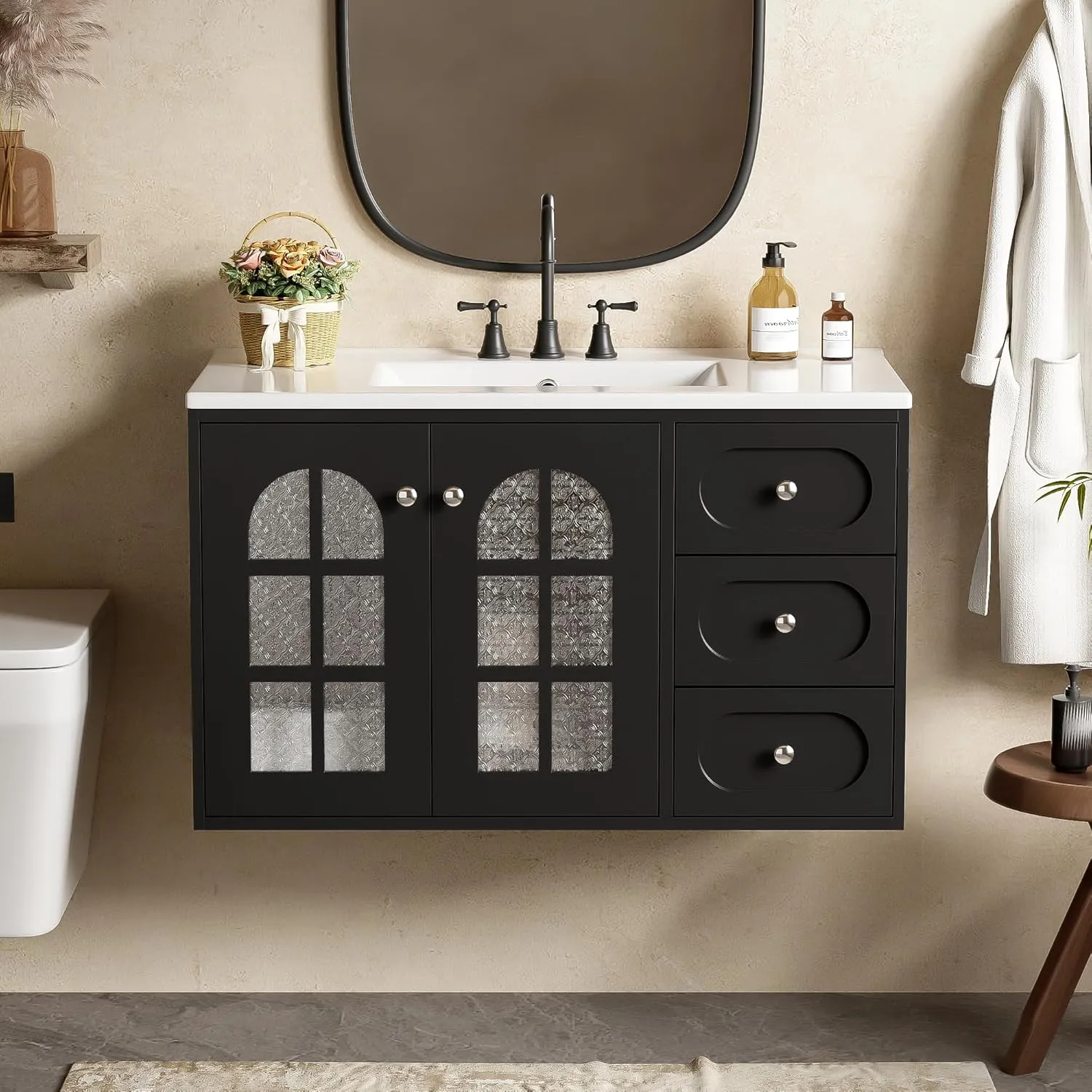 Merax 36 Inch Floating Bathroom Vanity with Ceramic Sink, Wall Mounted Bathroom Cabinet with 3 Drawers & Soft-Close System Cabinet, Black