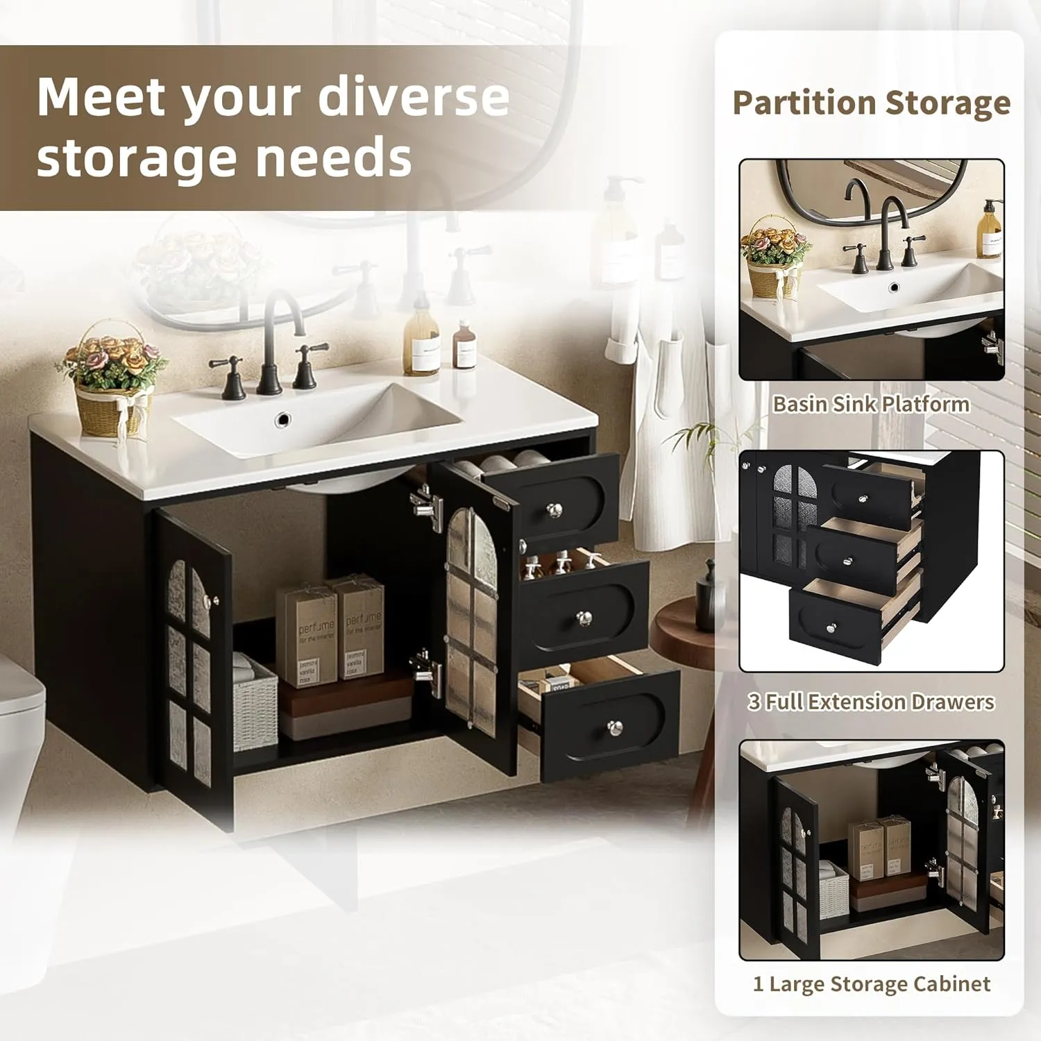 Merax 36 Inch Floating Bathroom Vanity with Ceramic Sink, Wall Mounted Bathroom Cabinet with 3 Drawers & Soft-Close System Cabinet, Black