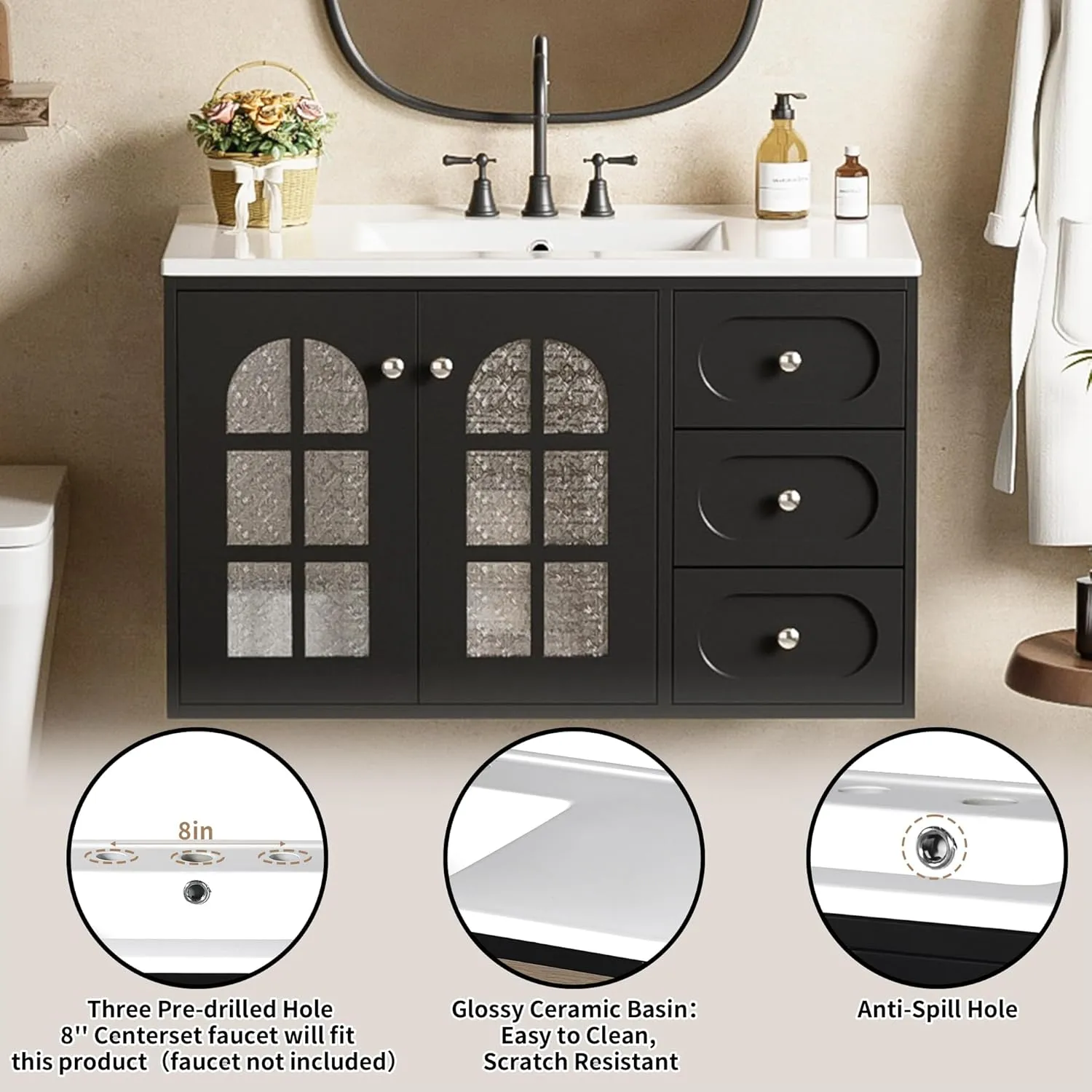 Merax 36 Inch Floating Bathroom Vanity with Ceramic Sink, Wall Mounted Bathroom Cabinet with 3 Drawers & Soft-Close System Cabinet, Black