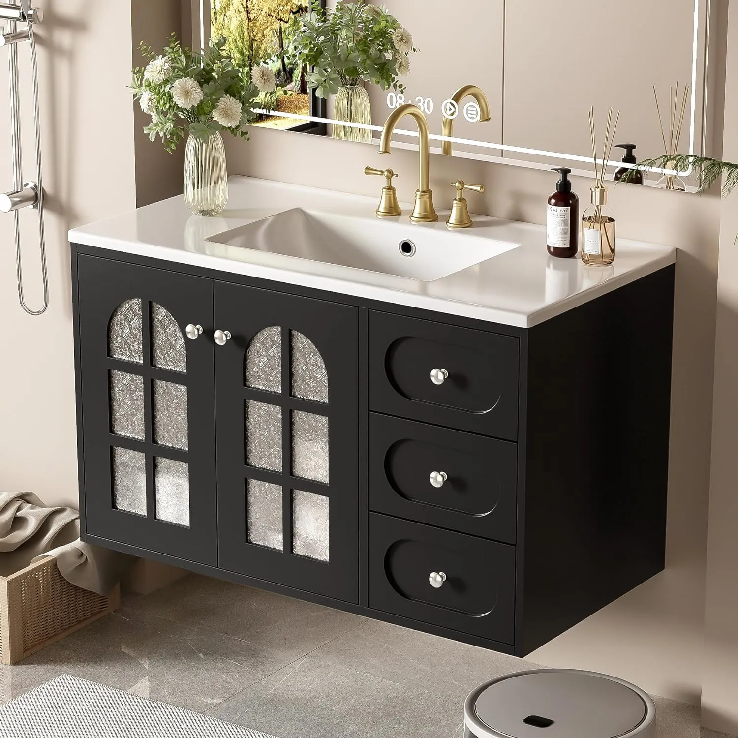 Merax 36 Inch Floating Bathroom Vanity with Ceramic Sink, Wall Mounted Bathroom Cabinet with 3 Drawers & Soft-Close System Cabinet, Black