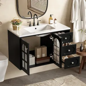 Merax 36 Inch Floating Bathroom Vanity with Ceramic Sink, Wall Mounted Bathroom Cabinet with 3 Drawers & Soft-Close System Cabinet, Black