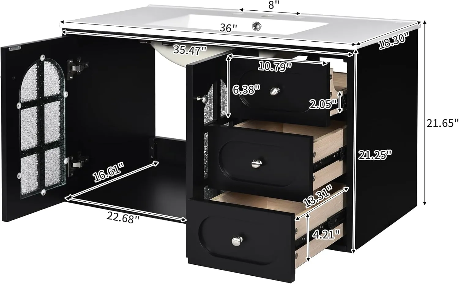 Merax 36 Inch Floating Bathroom Vanity with Ceramic Sink, Wall Mounted Bathroom Cabinet with 3 Drawers & Soft-Close System Cabinet, Black