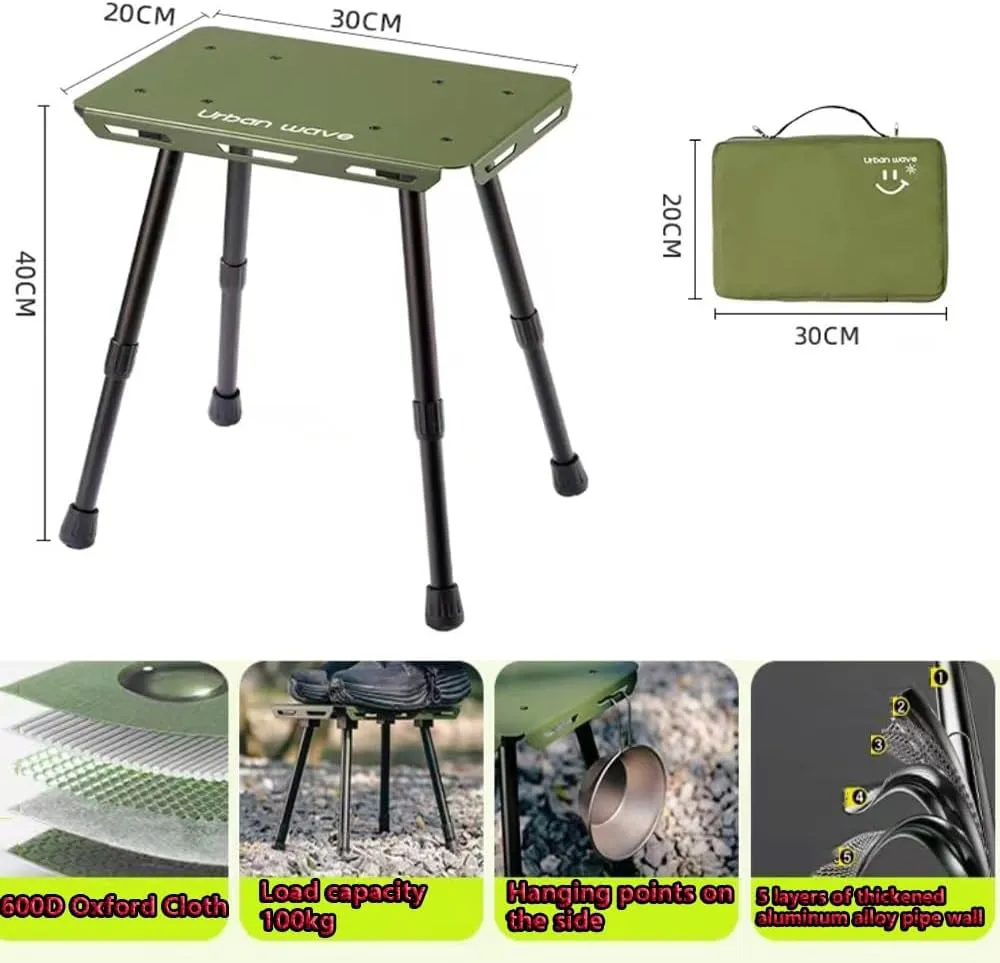 Metal Collapsible Camping Stool, Portable Foldable Fishing Stool, Outdoor Small Table Stool, Height-Adjustable Aluminum Stool Hunting BBQ Hiking(Green)