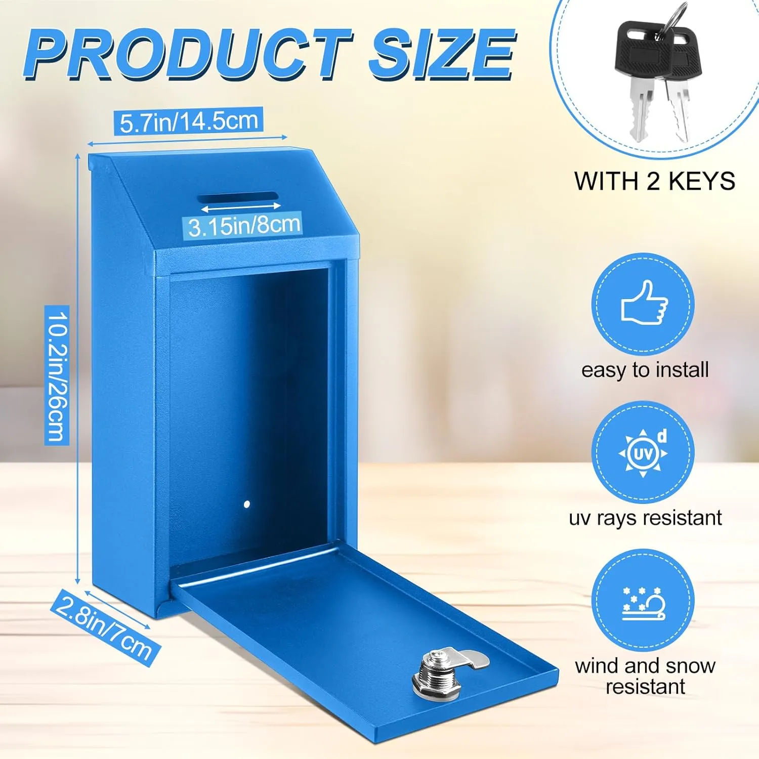 Metal Donation Cash Box Collection Safe Suggestion Box with Lock Wall Mounted Mailbox Delivery Ballot Container for Home Office Outdoor Door(Blue)