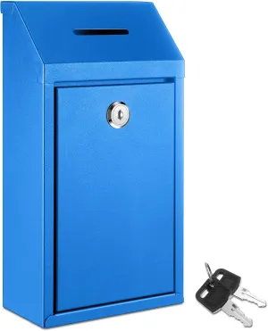 Metal Donation Cash Box Collection Safe Suggestion Box with Lock Wall Mounted Mailbox Delivery Ballot Container for Home Office Outdoor Door(Blue)