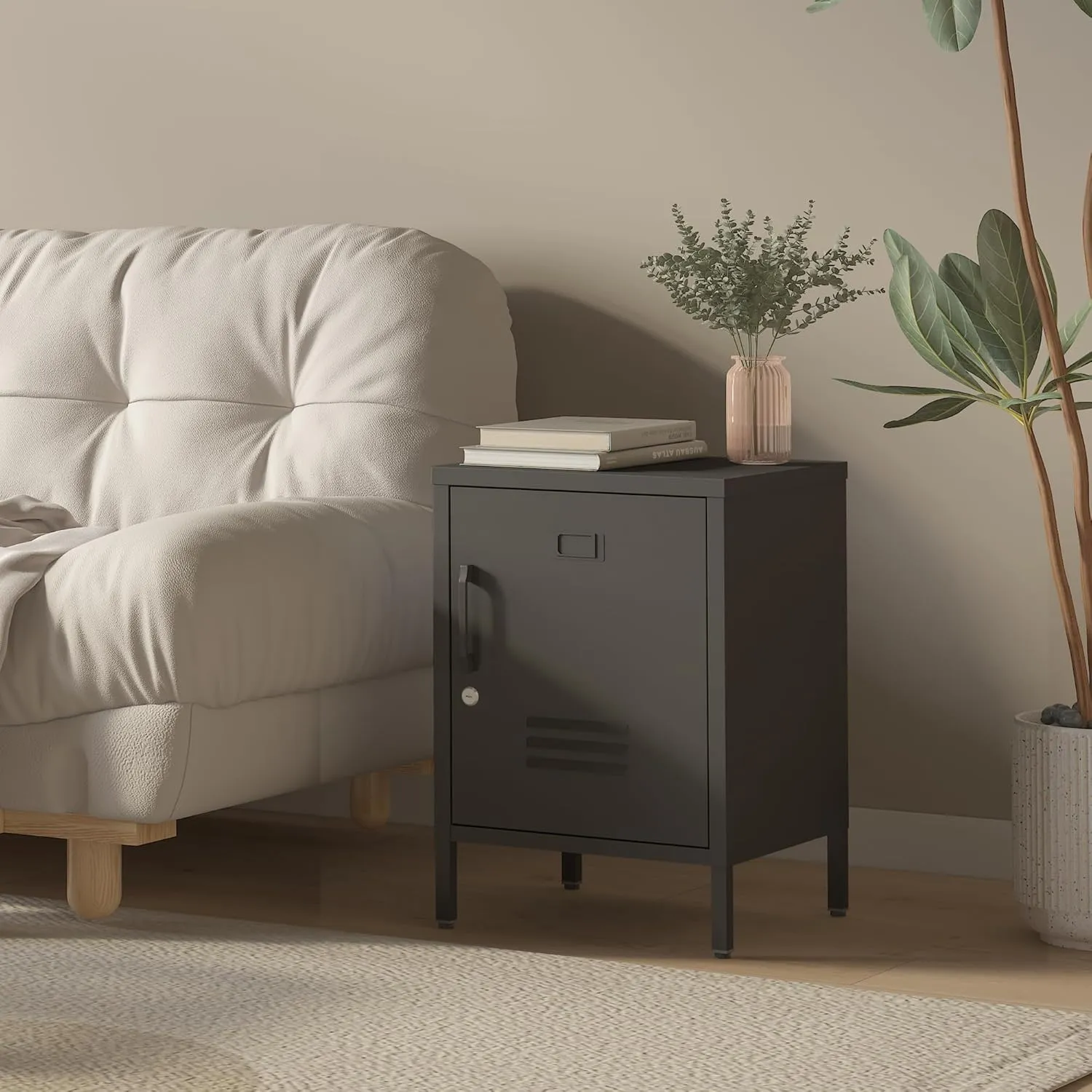 Metal Nightstand Modern End Side Table Steel Bedside Storage Cabinet with Shelf Easy Assembly for Living Room Bedroom （15.8”W x 15”D x 22.5”H ）