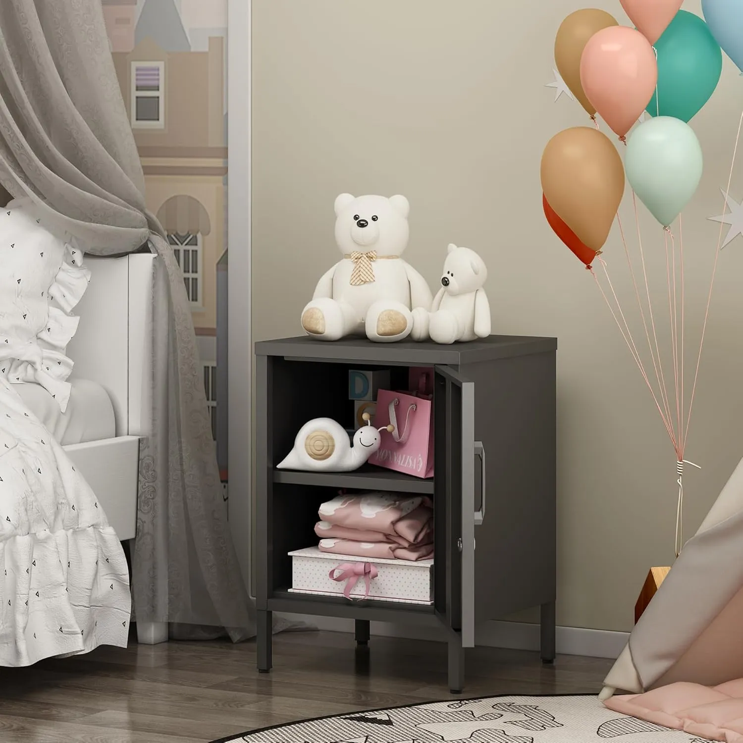 Metal Nightstand Modern End Side Table Steel Bedside Storage Cabinet with Shelf Easy Assembly for Living Room Bedroom （15.8”W x 15”D x 22.5”H ）