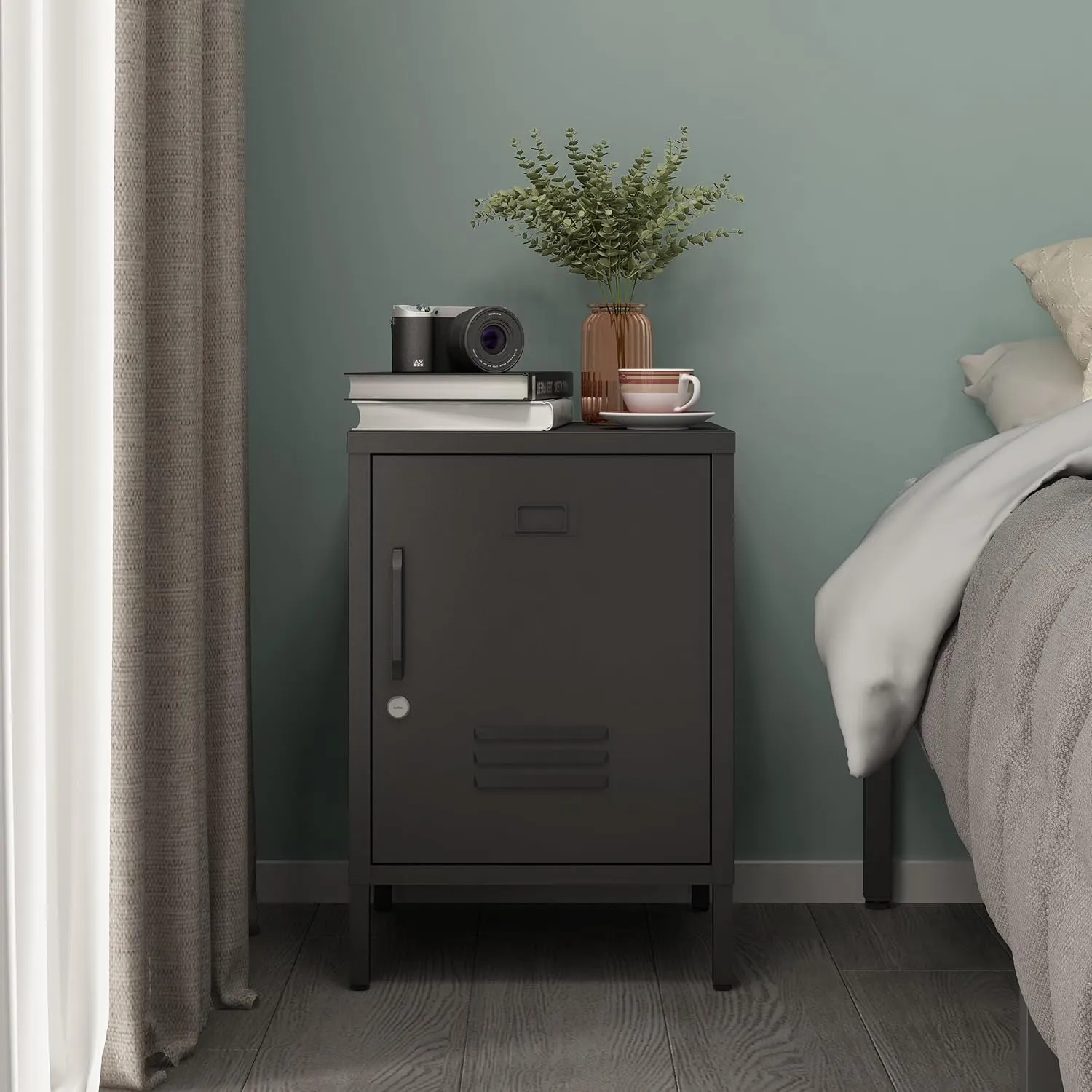 Metal Nightstand Modern End Side Table Steel Bedside Storage Cabinet with Shelf Easy Assembly for Living Room Bedroom （15.8”W x 15”D x 22.5”H ）