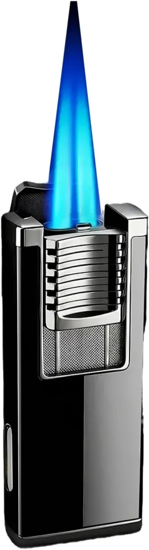 Metal Windproof Dual Fire Torch Cigar Lighter, Refillable Gas, Push-Pull Switch, Visible Fuel Window(Black)