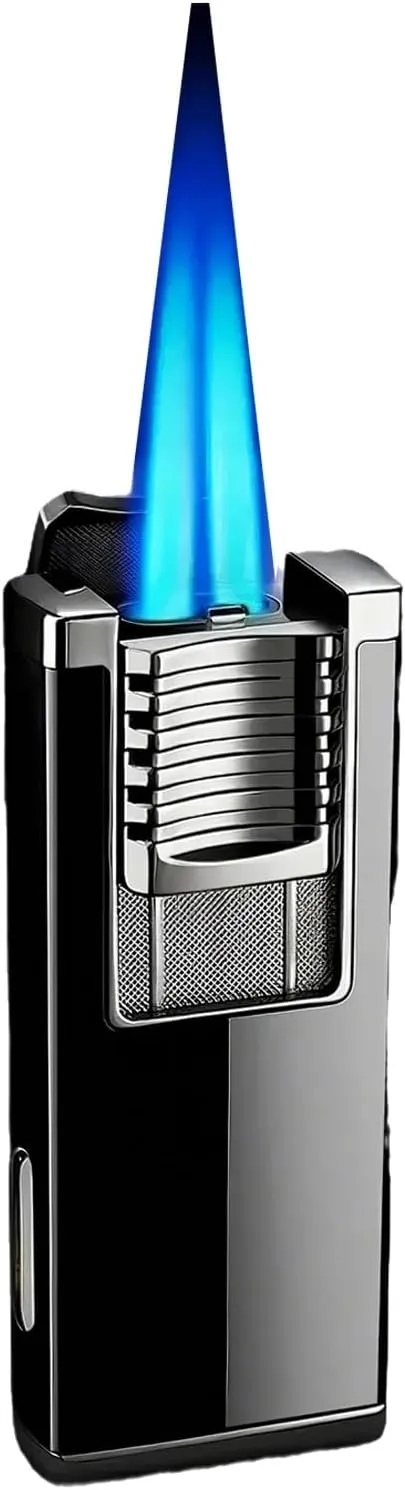 Metal Windproof Dual Fire Torch Cigar Lighter, Refillable Gas, Push-Pull Switch, Visible Fuel Window(Black)