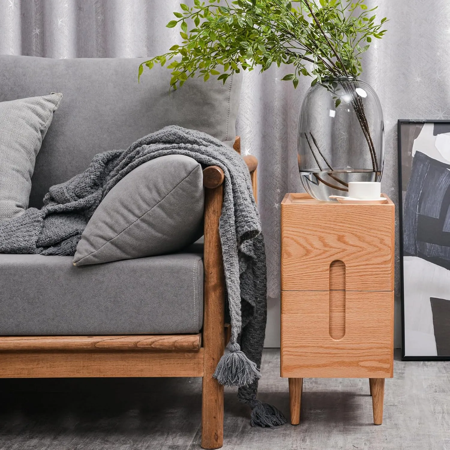 Mid Century Modern Nightstand, Narrow Nightstand, Minimalist Side Table for Bedroom, 2-Drawer Bedside Tables, (Natural, 9.84inches)