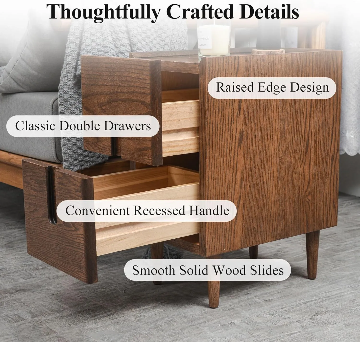 Mid Century Modern Nightstand, Narrow Nightstand, Minimalist Side Table for Bedroom, 2-Drawer Bedside Tables (Walnut, 9.84inches)