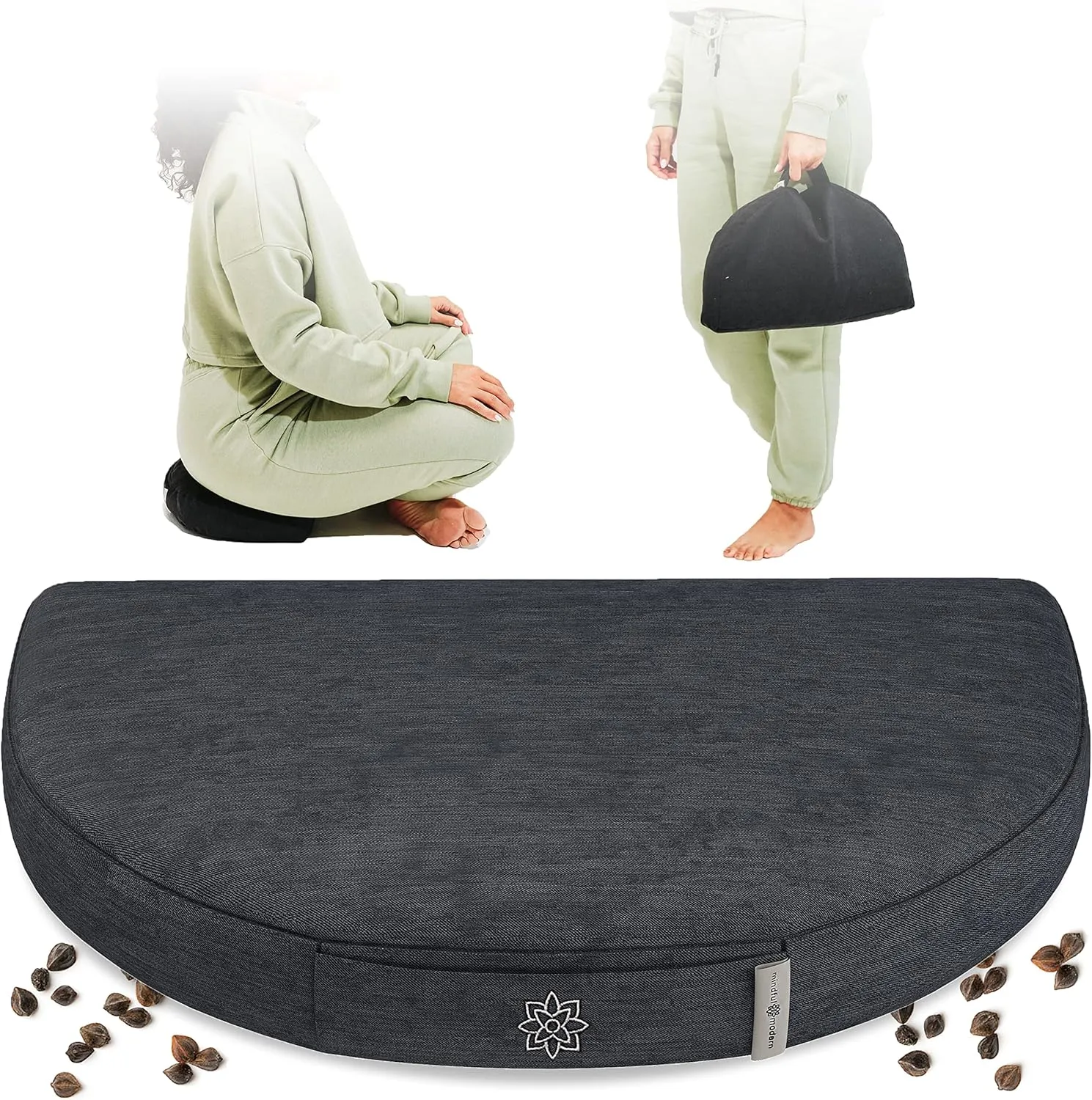 Mindful and Modern Compact Meditation Cushion - Travel Meditation Pillows for Sitting on Floor - Buckwheat Hull Filled Half Moon Cushion with Removable Cover   Carry Handle