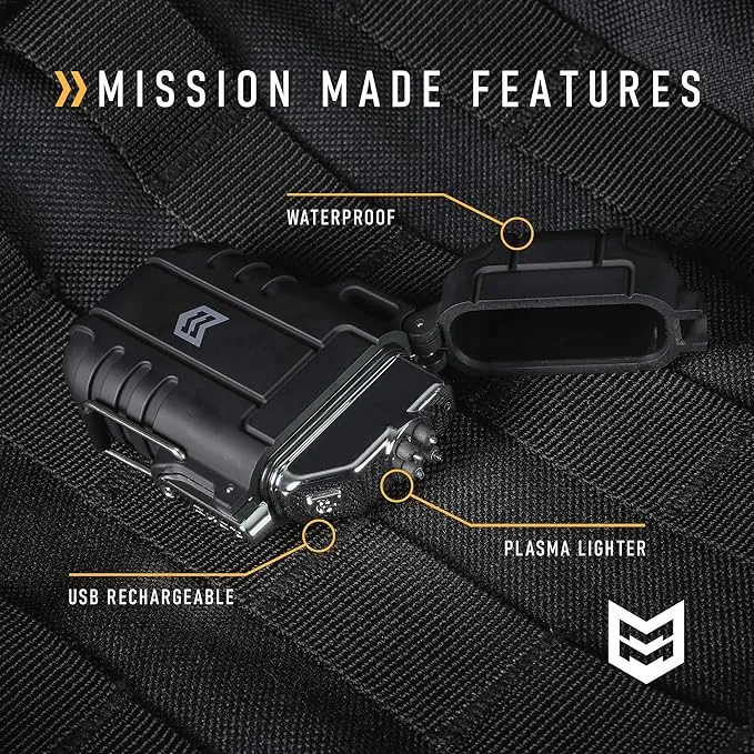Mission Made Plasma Lighter Tactical Windproof Waterproof USB Rechargeable Flameless Dual Arc for EDC Camping Survival