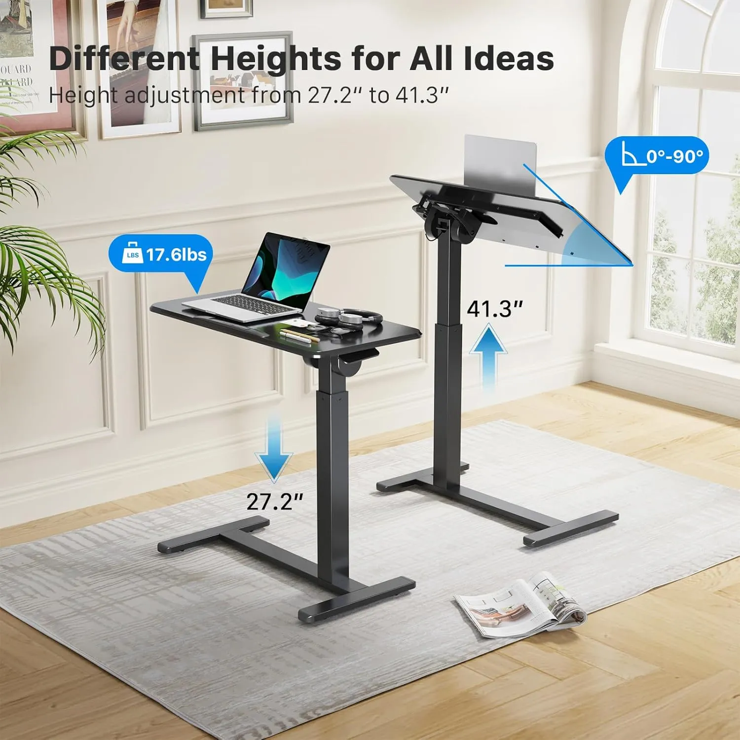 Mobile Standing Desk, Height Adjustable Rolling Laptop Table, 90 Tiltable Overbed Bedside Table, Portable Computer Cart with Wheels, Foldable for Home Office, Black