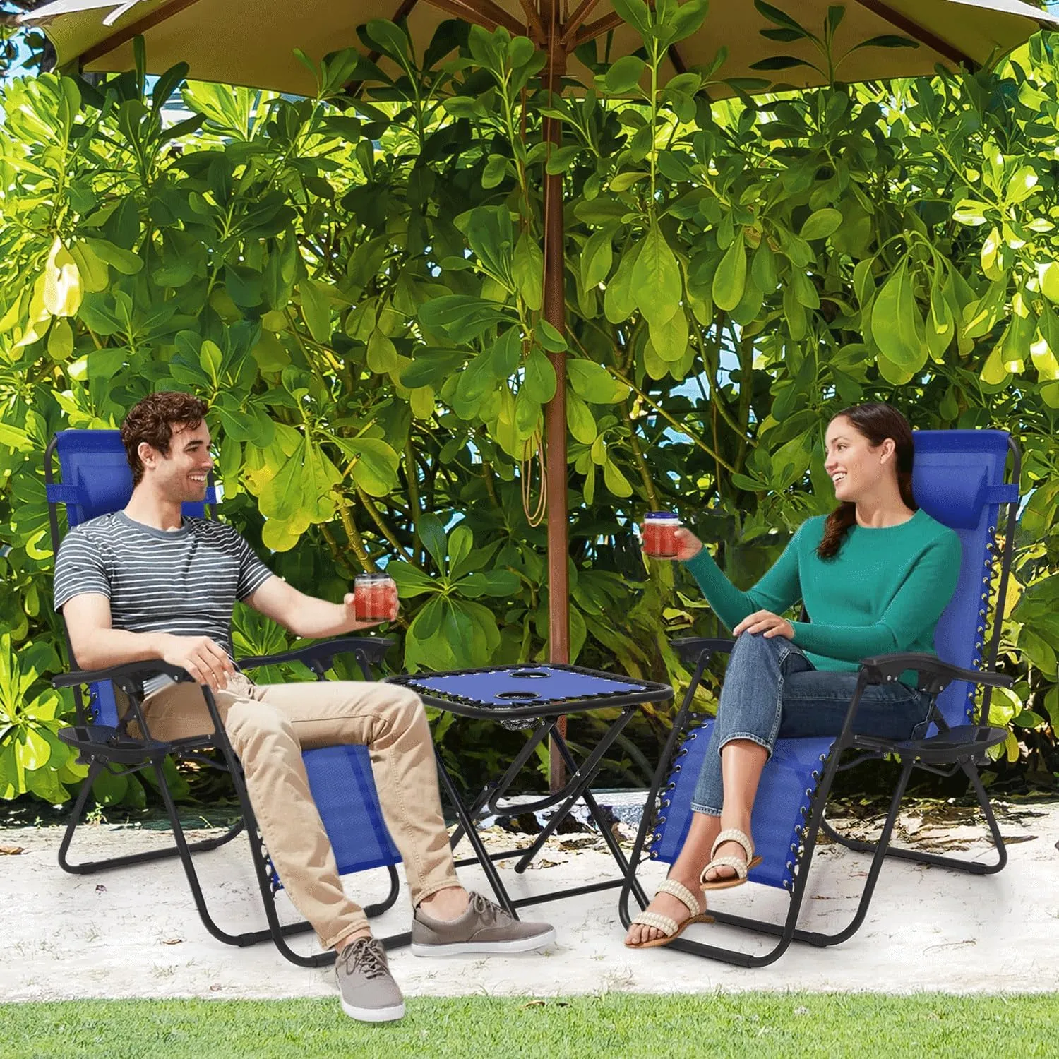 MoNiBloom 3 Pack Lounge Beach Chairs for Outside, Zero Gravity Camping Chairs with Side Table, Pillow and Tray, 330lbs Capacity, Blue