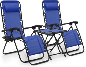 MoNiBloom 3 Pack Lounge Beach Chairs for Outside, Zero Gravity Camping Chairs with Side Table, Pillow and Tray, 330lbs Capacity, Blue