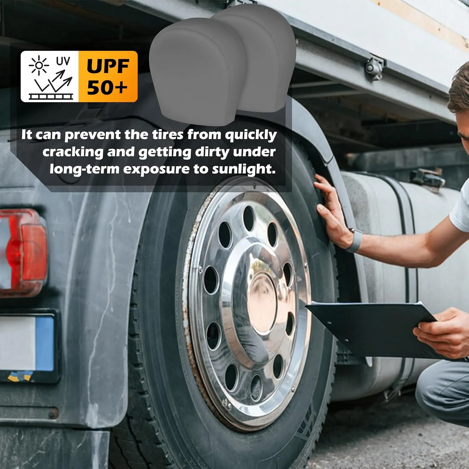 MORNYRAY Tire Covers 2 Pack - Tough Wheel Protector for RV,Camper,SUV,Trailer,Truck.All-Weather Waterproof Anti-UV Snow Sun Rain (Two-Grey-Tire Covers, XXL (Fits Tire Diameters 36''-39''))