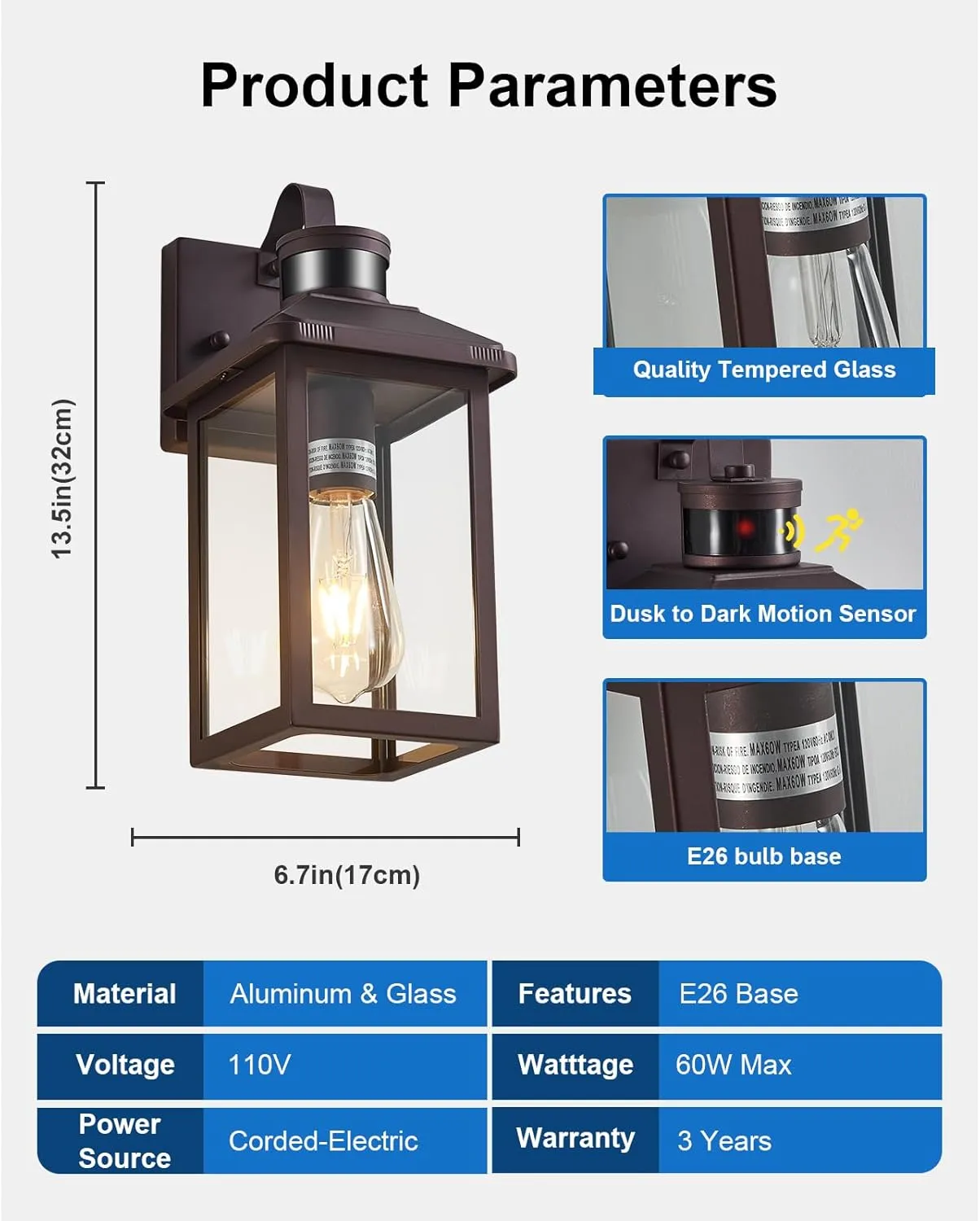 Motion Sensor Porch Light,Dusk to Dawn Outdoor Lighting,Waterproof Exterior Light Fixture,Bronze Outside Wall Mount Light for House Garage Patio Front Door