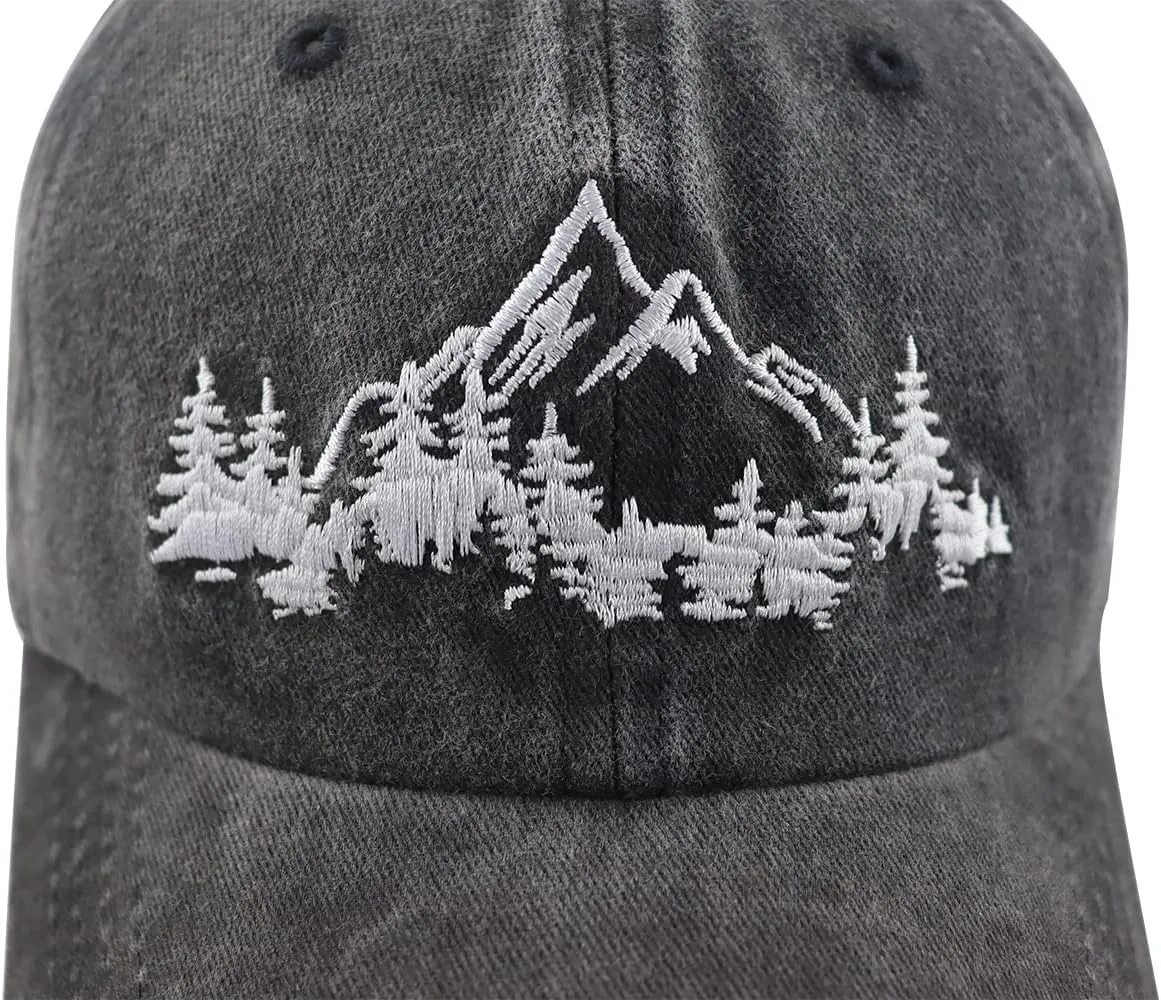 Mountain Trees Hat for Men Women, Funny Adjustable Cotton Embroidered Camping Hiking Explore Outdoor Baseball Cap