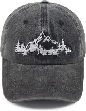 Mountain Trees Hat for Men Women, Funny Adjustable Cotton Embroidered Camping Hiking Explore Outdoor Baseball Cap