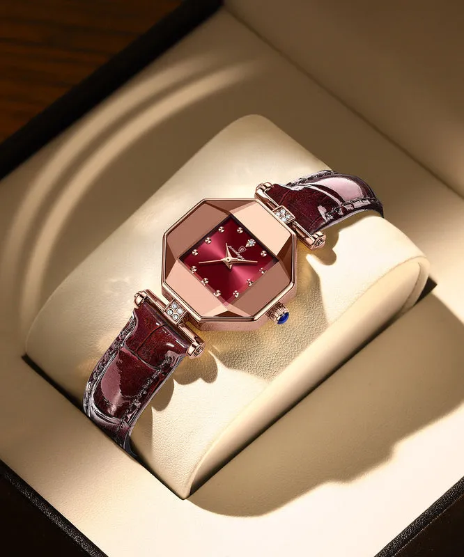 Movement Red Leather Tempere Glass New Waterproof Mineral Quartz