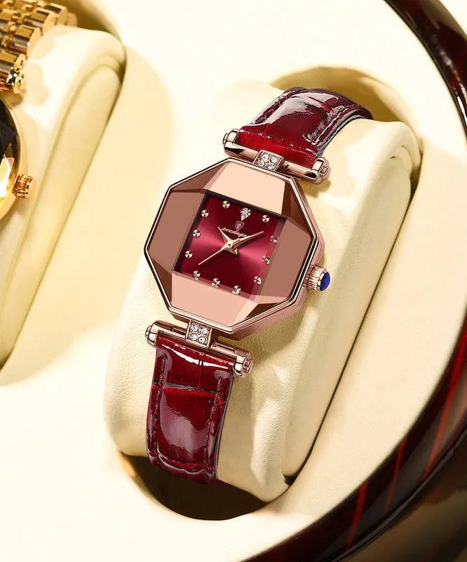 Movement Red Leather Tempere Glass New Waterproof Mineral Quartz