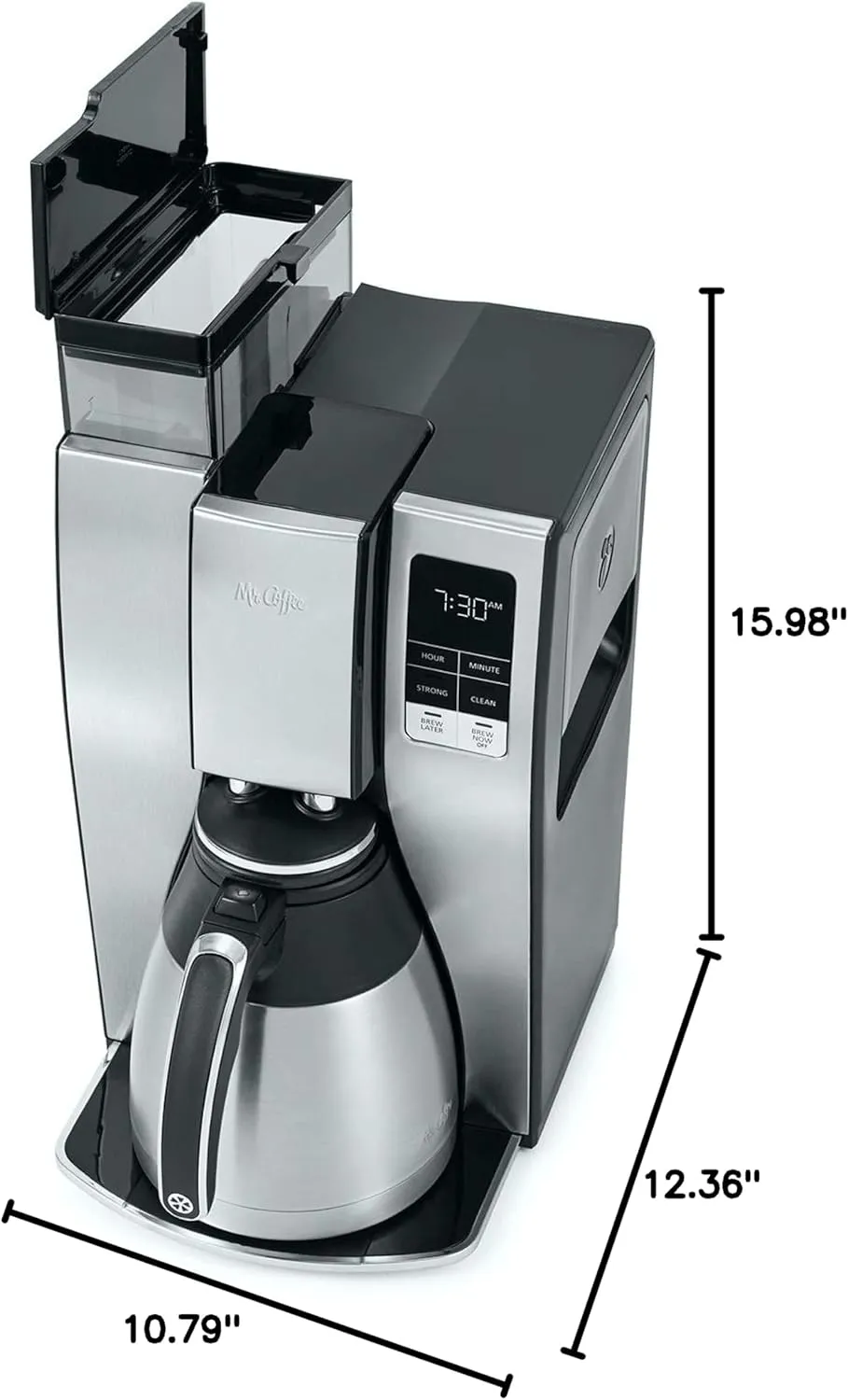 Mr. Coffee 10-Cup Programmable Coffee Maker, Insulated Thermal Carafe, Brew Strength Selection, Brew Now or Later, Stainless Steel
