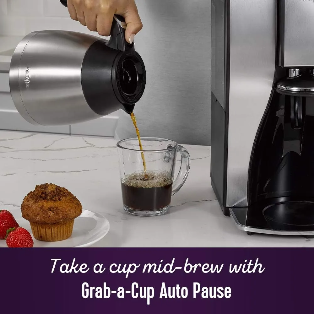 Mr. Coffee 10-Cup Programmable Coffee Maker, Insulated Thermal Carafe, Brew Strength Selection, Brew Now or Later, Stainless Steel