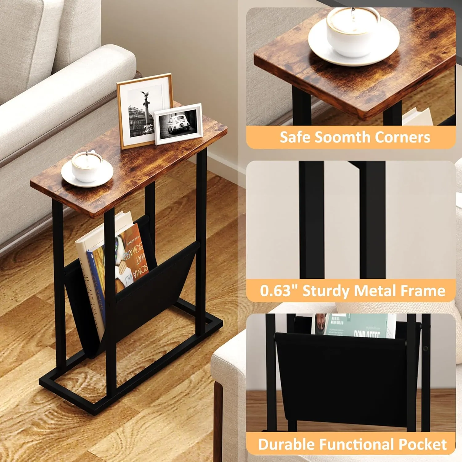 Narrow Side Table for Small Spaces, Small End Table with Magazine Holder, Skinny Slim Little Thin Table for Living Room, Bedroom, Sofa, Rustic Brown