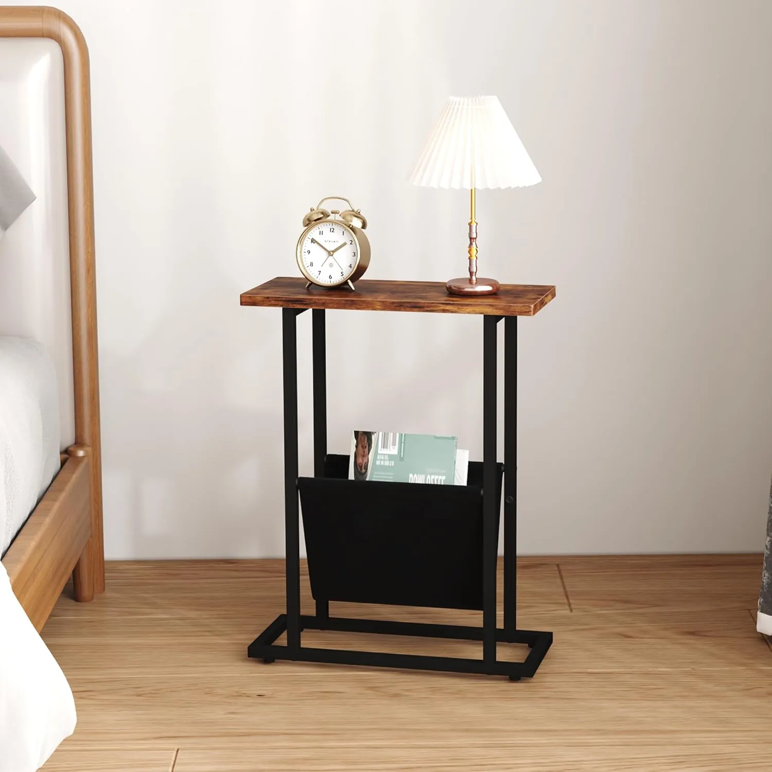 Narrow Side Table for Small Spaces, Small End Table with Magazine Holder, Skinny Slim Little Thin Table for Living Room, Bedroom, Sofa, Rustic Brown