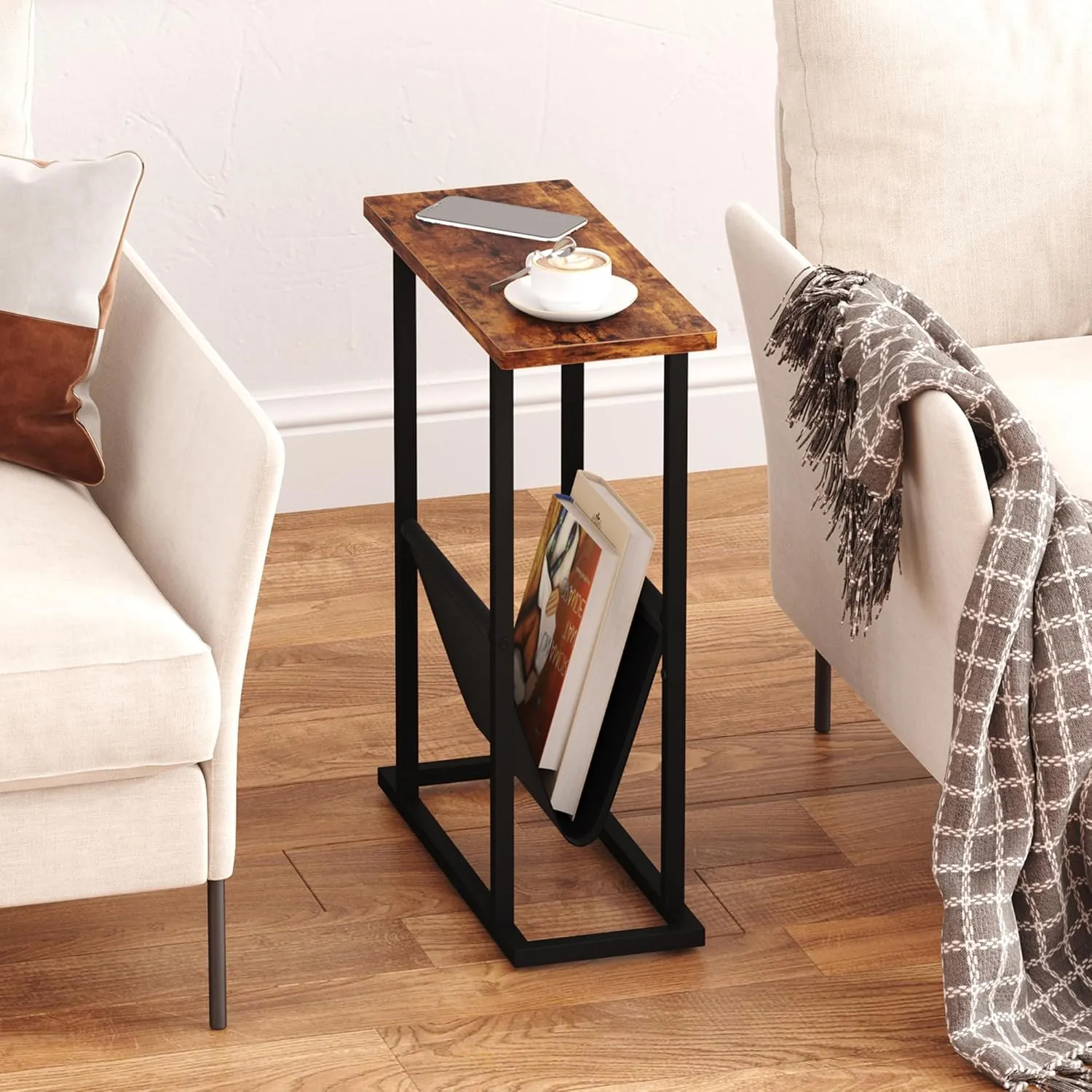 Narrow Side Table for Small Spaces, Small End Table with Magazine Holder, Skinny Slim Little Thin Table for Living Room, Bedroom, Sofa, Rustic Brown