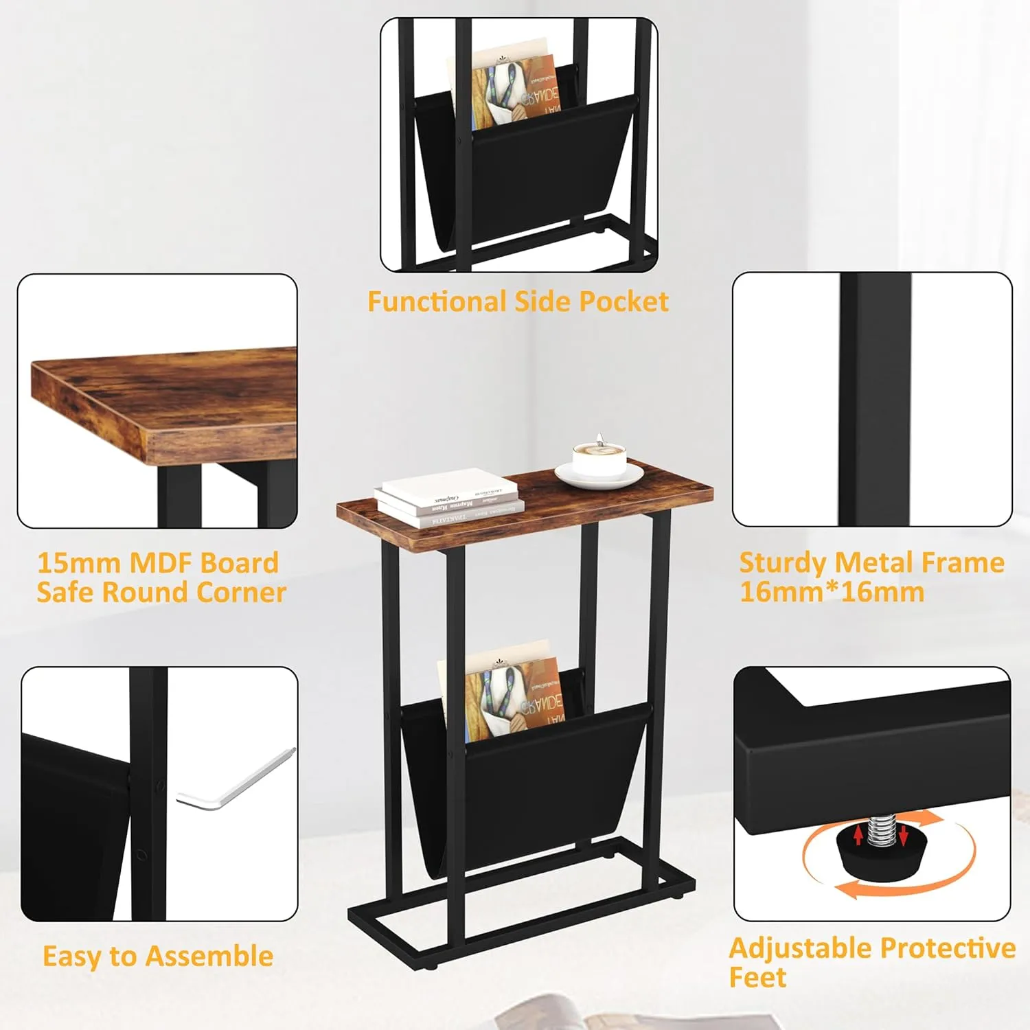 Narrow Side Table for Small Spaces, Small End Table with Magazine Holder, Skinny Slim Little Thin Table for Living Room, Bedroom, Sofa, Rustic Brown