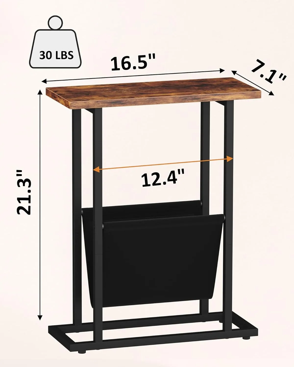 Narrow Side Table for Small Spaces, Small End Table with Magazine Holder, Skinny Slim Little Thin Table for Living Room, Bedroom, Sofa, Rustic Brown