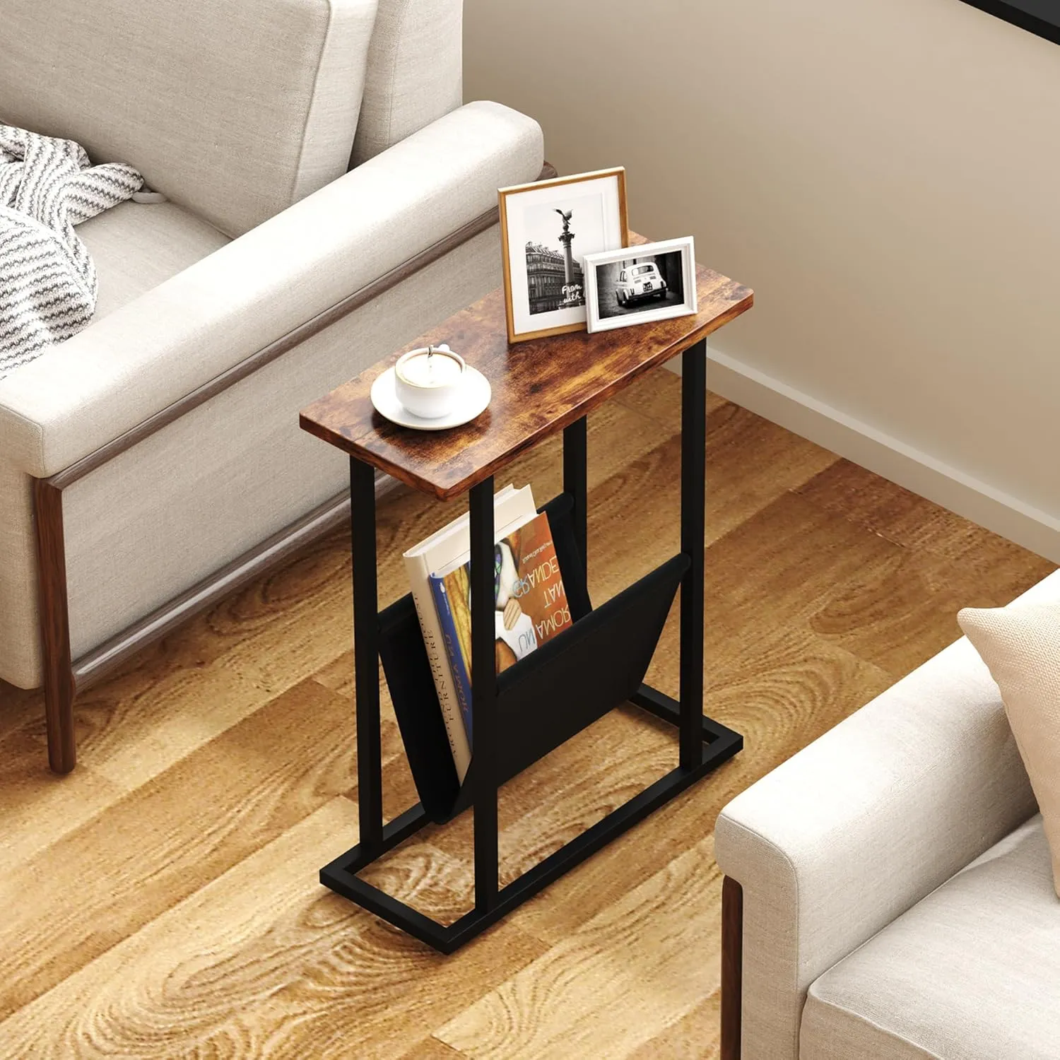Narrow Side Table for Small Spaces, Small End Table with Magazine Holder, Skinny Slim Little Thin Table for Living Room, Bedroom, Sofa, Rustic Brown