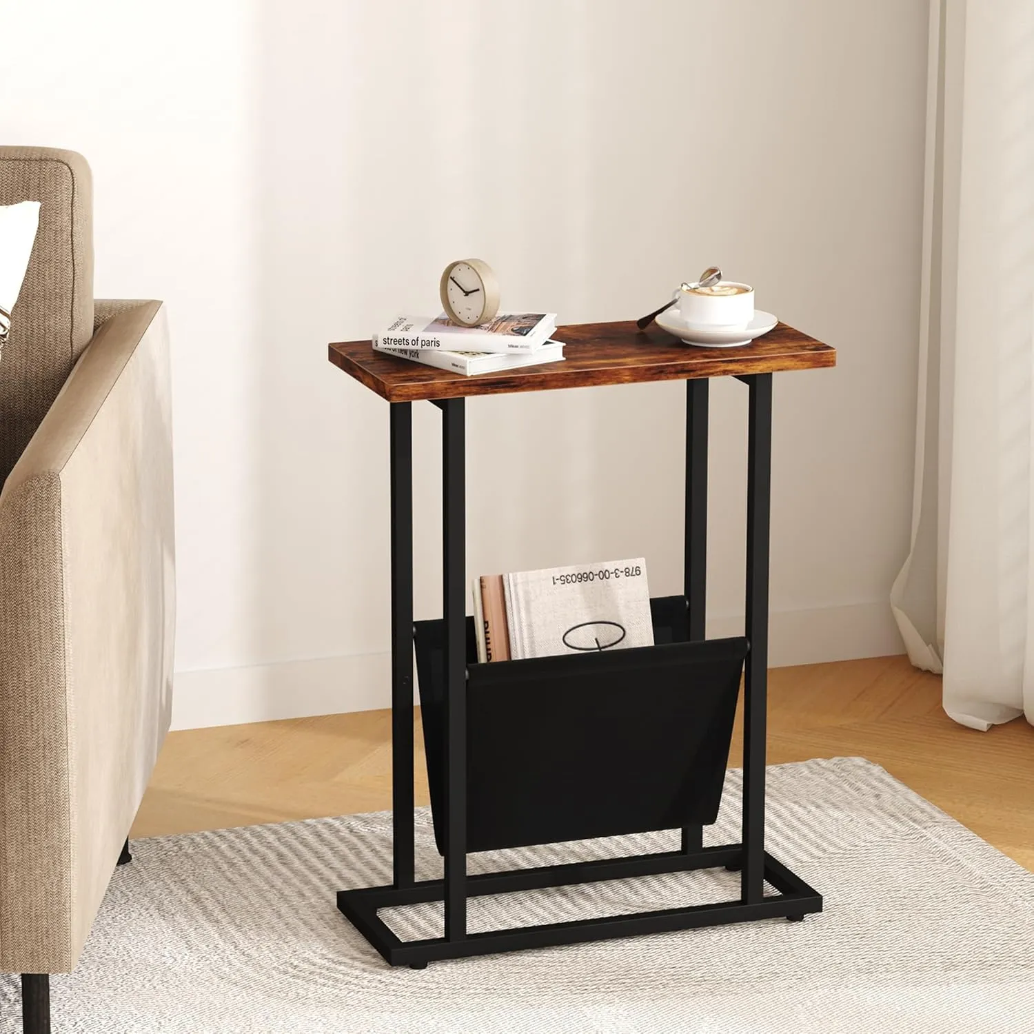 Narrow Side Table for Small Spaces, Small End Table with Magazine Holder, Skinny Slim Little Thin Table for Living Room, Bedroom, Sofa, Rustic Brown