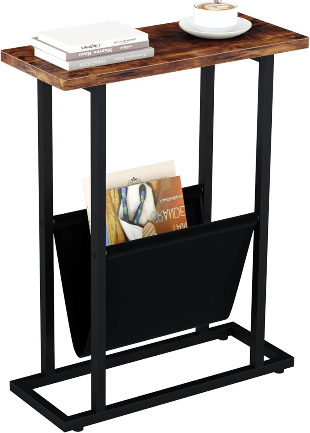 Narrow Side Table for Small Spaces, Small End Table with Magazine Holder, Skinny Slim Little Thin Table for Living Room, Bedroom, Sofa, Rustic Brown