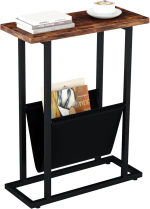 Narrow Side Table for Small Spaces, Small End Table with Magazine Holder, Skinny Slim Little Thin Table for Living Room, Bedroom, Sofa, Rustic Brown