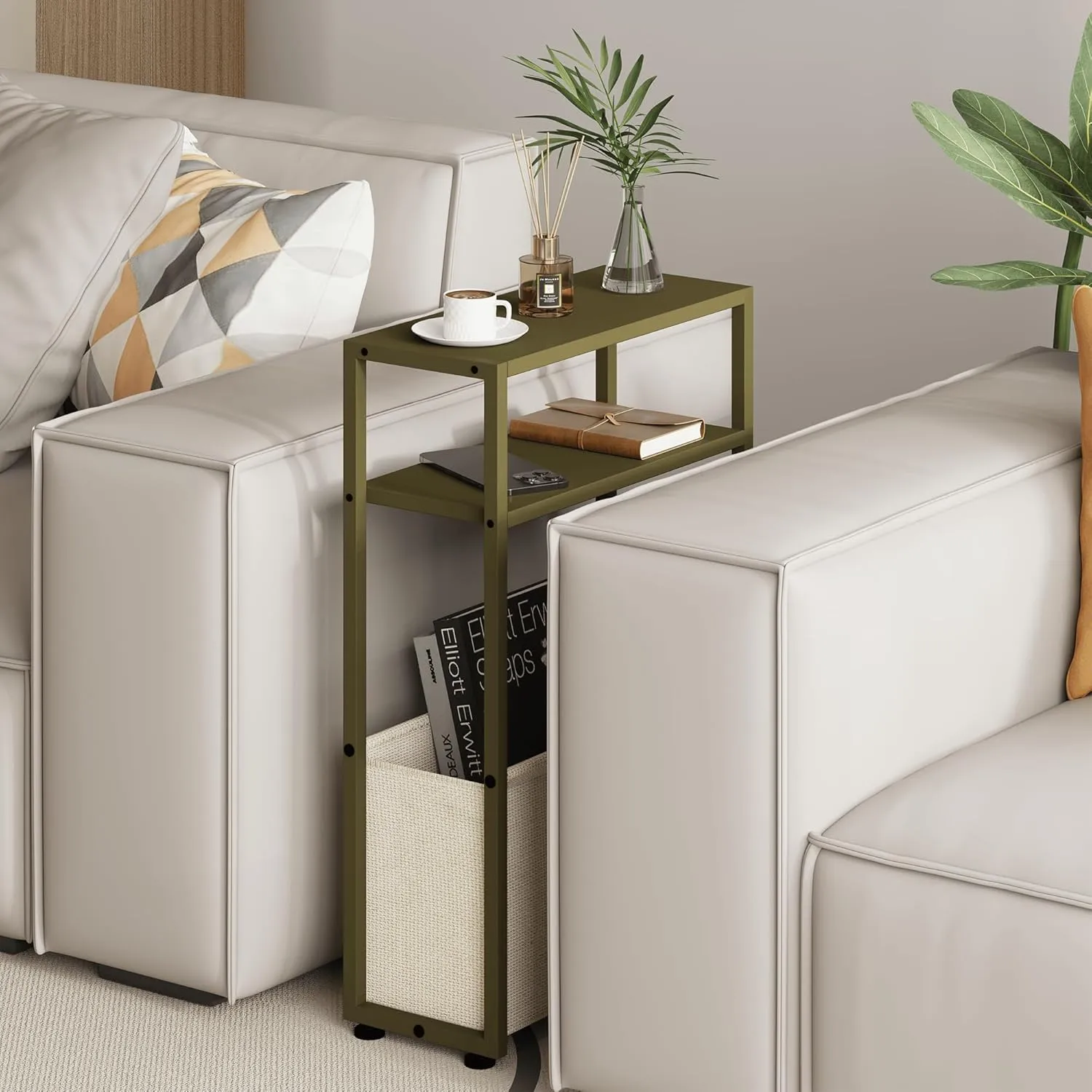 Narrow Side Table, Slim End Tables with Fabric Basket, Skinny Table for Small Spaces, Thin Bedside Table for Living Room, Bedroom (1, Forest Green   Camel Brown)