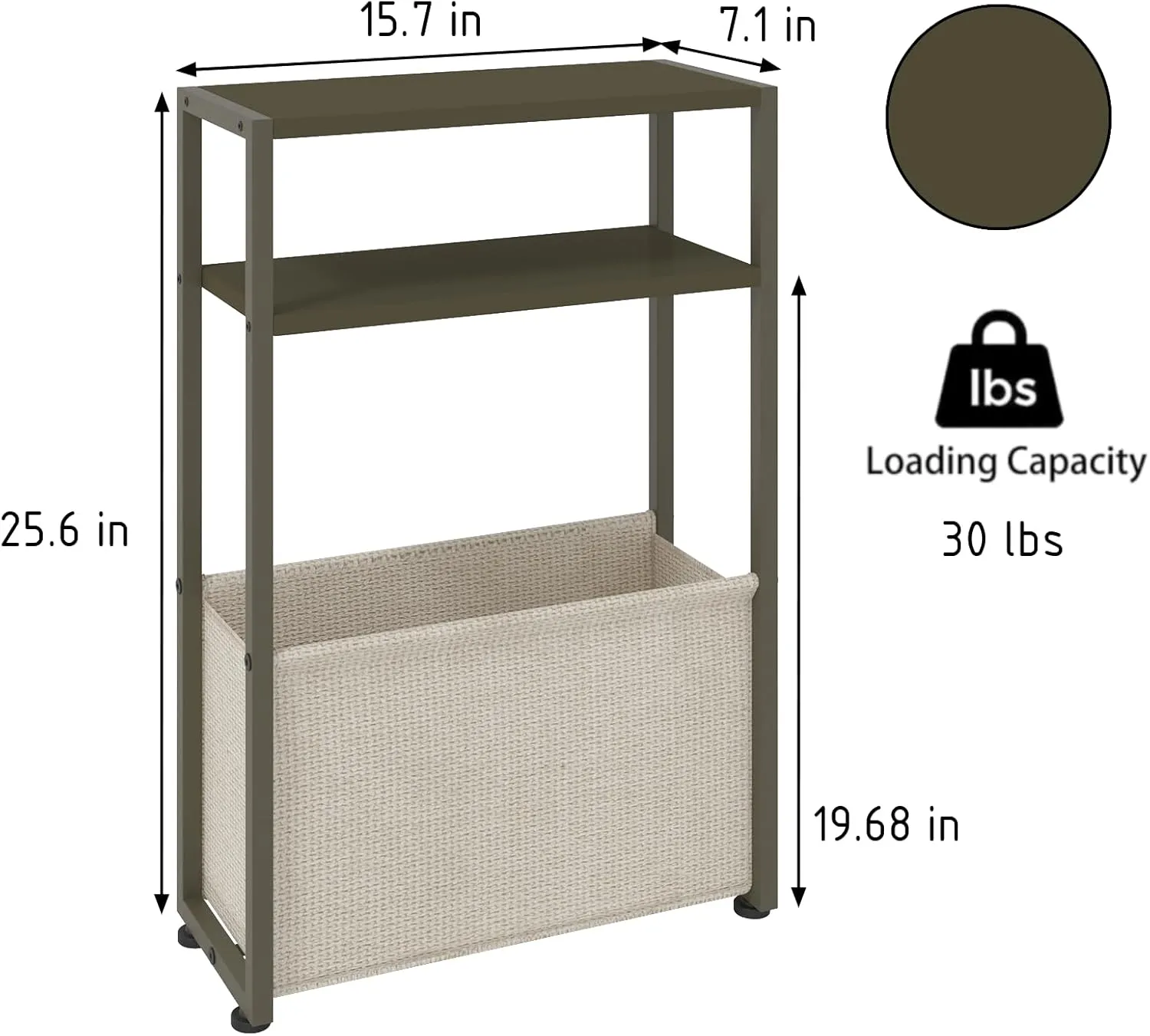 Narrow Side Table, Slim End Tables with Fabric Basket, Skinny Table for Small Spaces, Thin Bedside Table for Living Room, Bedroom (1, Forest Green   Camel Brown)