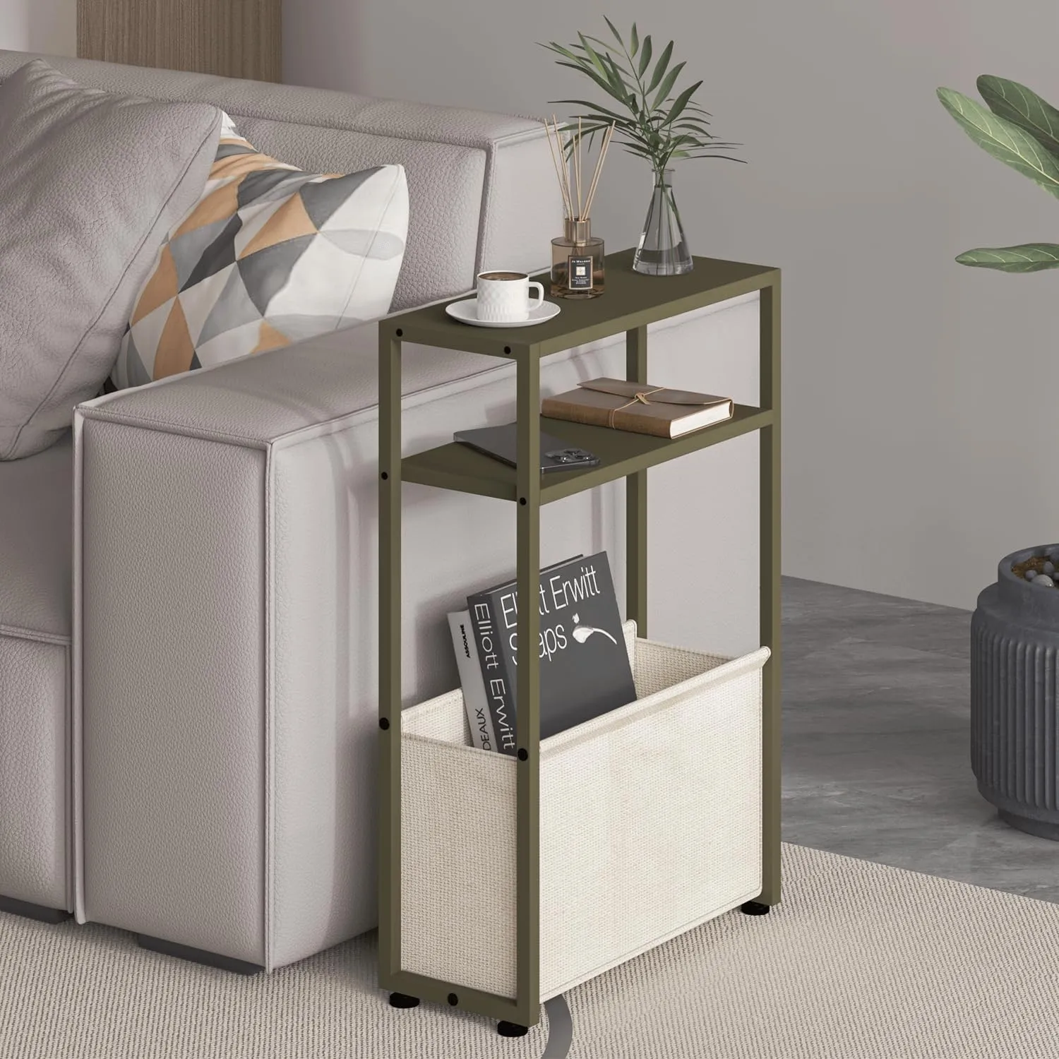 Narrow Side Table, Slim End Tables with Fabric Basket, Skinny Table for Small Spaces, Thin Bedside Table for Living Room, Bedroom (1, Forest Green   Camel Brown)